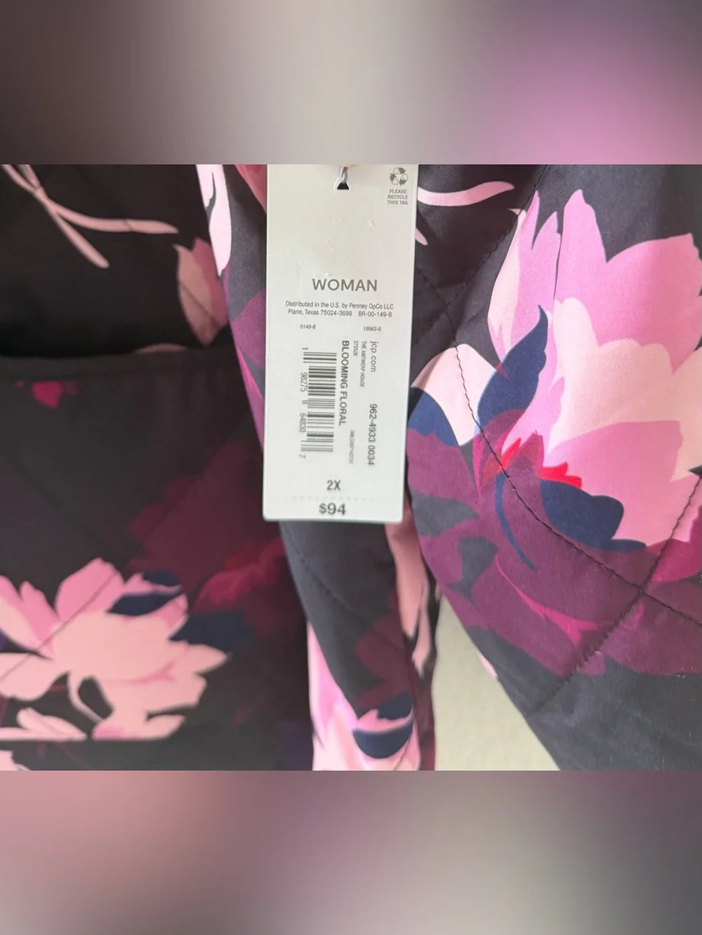 Liz Claiborne Floral Quilted Jacket - Black with Pink & Purple Blooms Size-2XL